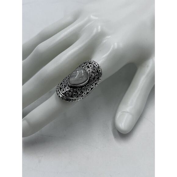 Sterling Silver Teardrop Moonstone Swirl Scrolls Bali Detail Long Ring Sz 7.5 - Picture 14 of 16
